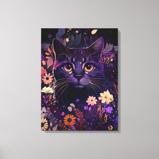 Lila Blommigt Katt-Kanvastryck för Cat Lovers Canvastryck (Framsida)