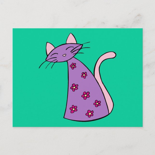 Lila Blommigt Katt Vykort (Framsida)