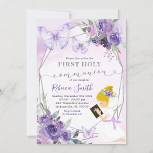 Lila Blommigt Kneeling Girl First Heliga Communion Inbjudningar