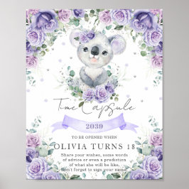 Lila Blommigt Koala 1:a födelsedagsskylt Poster