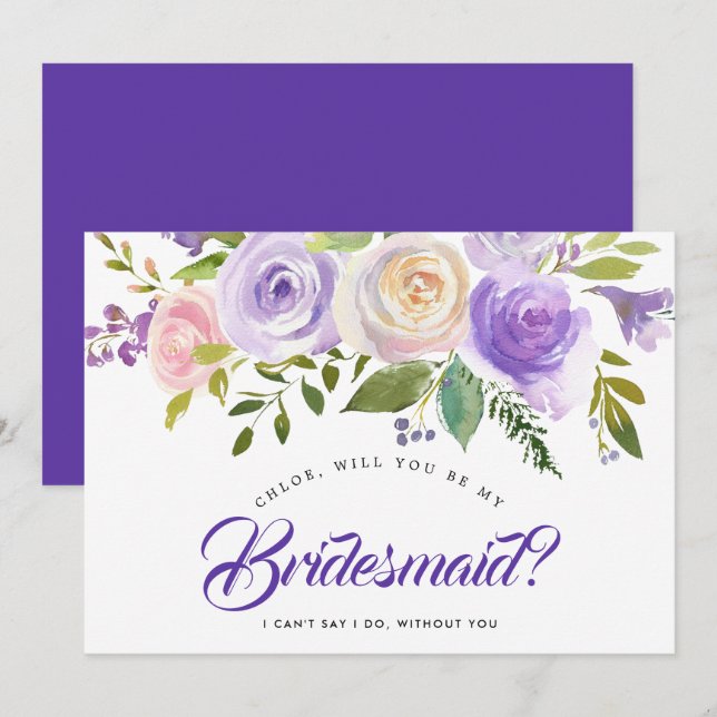 Lila Blommigt kommer du att bli mitt Bridesmaid-ko Inbjudningar (Fram/baksida)