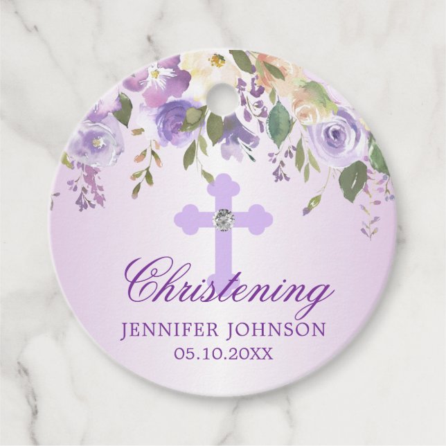 Lila Blommigt Kor Christening Baptism Tack Gåvor Etiketter (Framsida)