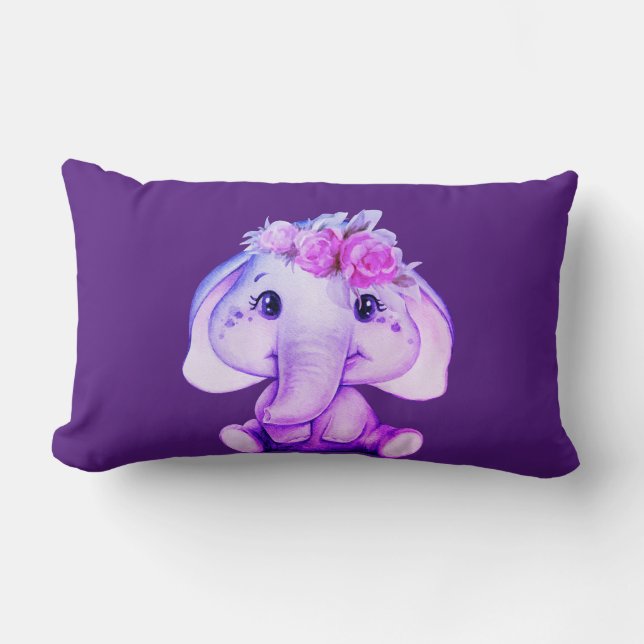 Lila Blommigt Krona Elephant Print Pillow Lumbarkudde (Framsida)