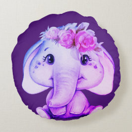 Lila Blommigt Krona Elephant Round Pillow Rund Kudde