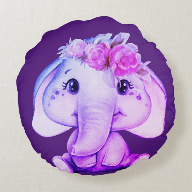 Lila Blommigt Krona Elephant Round Pillow Rund Kudde (Baksidan)