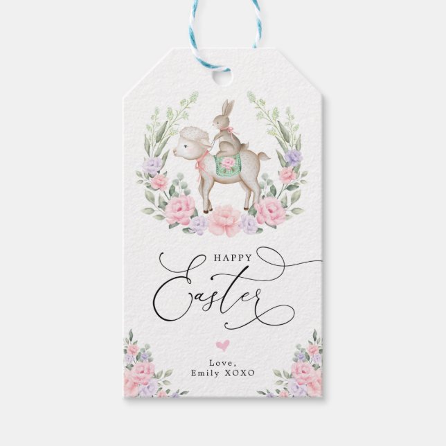 Lila  Blommigt Lamb Bunny Rabbit Glad påsk Presentetikett (Framsidan)