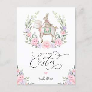 Lila Blommigt Lamb Bunny Rabbit Glad påsk Vykort