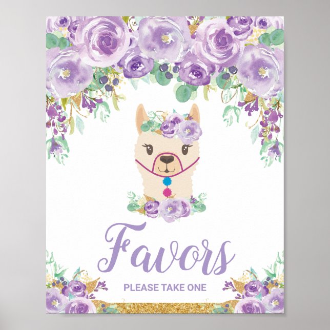 Lila Blommigt Llama Baby Shower Birthday Favoriter Poster (Framsidan)