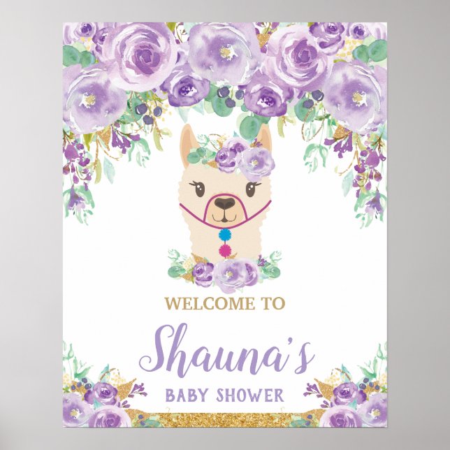 Lila Blommigt Llama Baby Shower Girl Välkomstskylt Poster (Framsidan)