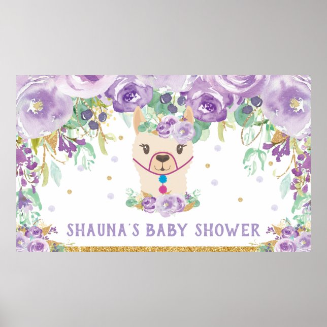 Lila Blommigt Llama Baby Shower Välkomstbakgrund B Poster (Framsidan)