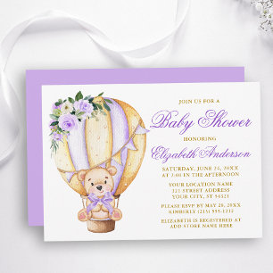 Lila Blommigt Luft Ballon Nalle Baby Shower Inbjudningar