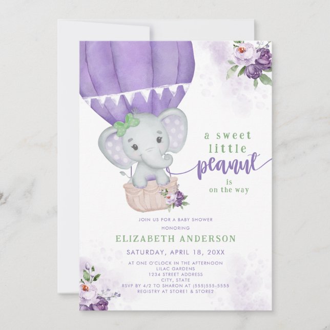 Lila Blommigt Luftballong Elephant Baby Shower Inbjudningar (Framsida)