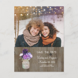 Lila Blommigt Mason Burk Rustic Photo Save Date Meddelande Vykort