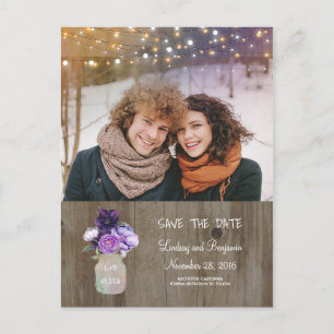 Lila Blommigt Mason Burk Rustic Photo Save Date Meddelande Vykort