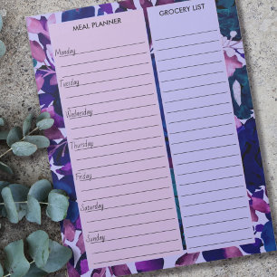 Lila Blommigt Meal Planner & Livsmedel List Anteckningsblock