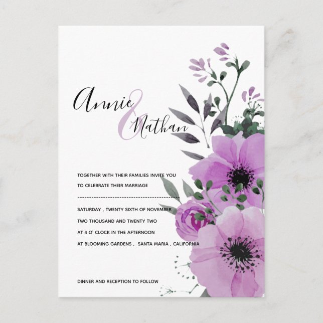 Lila Blommigt Minimalist Elegant Script Bröllop Vykort (Framsida)