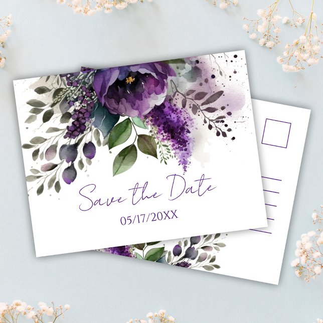 Lila Blommigt Modern botaniska Boho sparar datum Vykort (Purple Floral Modern Botanical Boho Save The Date Postcard)
