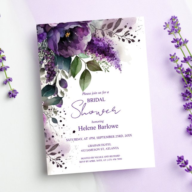 Lila Blommigt Möhippa för botanisk Elegant Inbjudningar (Purple Floral Botanical Elegant Bridal Shower Invitation)