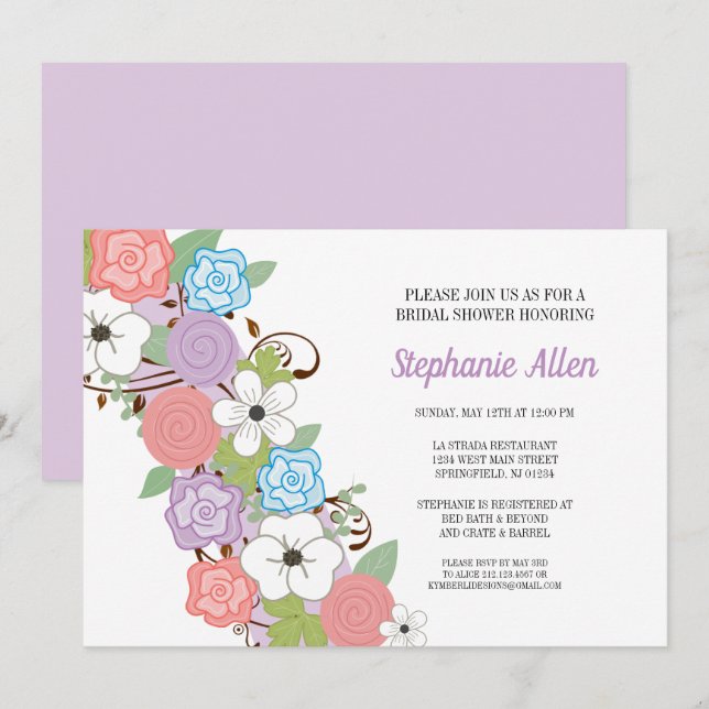 Lila Blommigt Möhippa Inbjudningar (Fram/baksida)