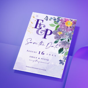 Lila Blommigt Monogram Bröllop spara datum