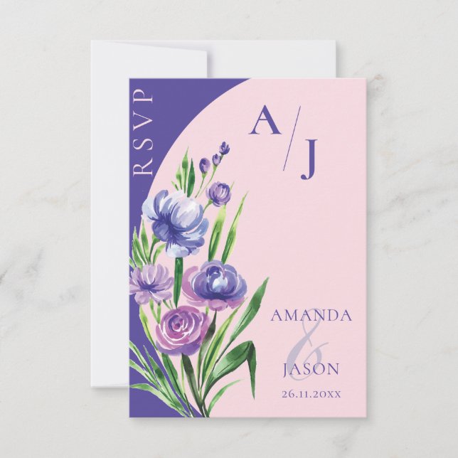 Lila Blommigt Monogram Elegant  Rosa Bröllop OSA Kort (Framsida)