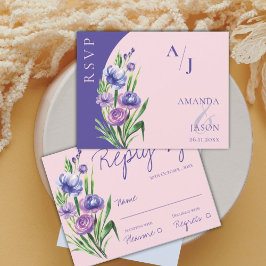 Lila Blommigt Monogram Elegant Rosa Bröllop OSA Kort