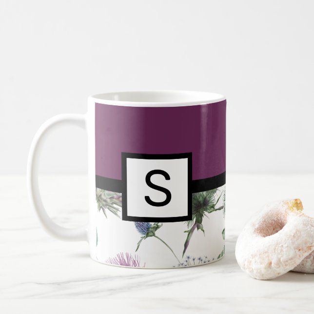 Lila Blommigt Monogram Kaffemugg (Med munk)