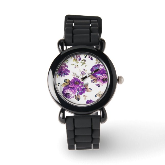 Lila Blommigt Mönster Armbandsur (Framsida)