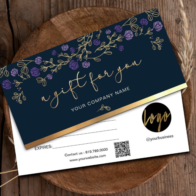Lila Blommigt Navy och Guld Add Logotyp Gift Card ("Unlock Moments of Joy 💜✨ Surprise Loved Ones with our Signature Gift Certificate!" #purpleandgold)
