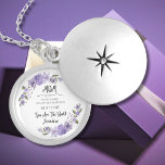 Lila Blommigt Necklace med eget namn för Kärlek-of Berlockhalsband<br><div class="desc">Bärk charmen från vårt sterling silver runda låset halsband, ett biet som är både ett mode påstående och en personlig keepsaké. Med lila blommigts accents och det rörande citatet "Till världen är du en person, men för mig är du världen" är det anpassadet med ditt namn för den speciella beröringen...</div>