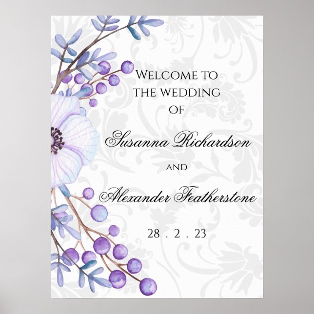Lila Blommigt- och Elegant Damask Wedding Poster (Framsidan)