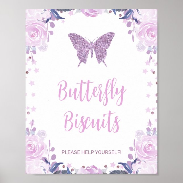 Lila Blommigt och Glitter Butterfly Födelsedagsfes Poster (Framsidan)