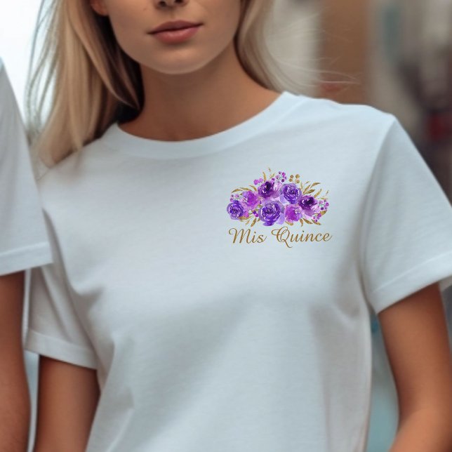 Lila Blommigt och Guld Löv Mis Quince T Shirt (Mis Quince Purple floral t-shirt from my Rose and Gold Leaf quinceanera collection)