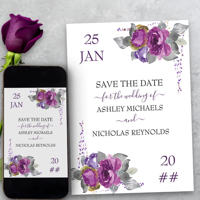 Lila Blommigt och Konfetti Bröllop Spara Datumet (Purple floral wedding save the date from my Plush Purple Wedding Collection)