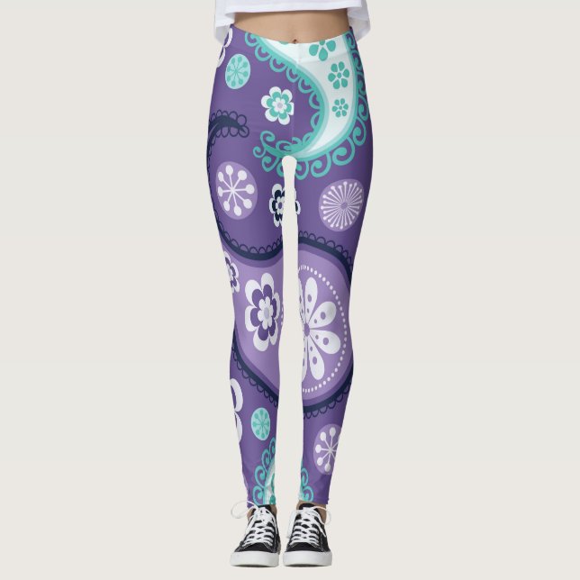 Lila Blommigt Paisley Roligt Leggings (Framsida)