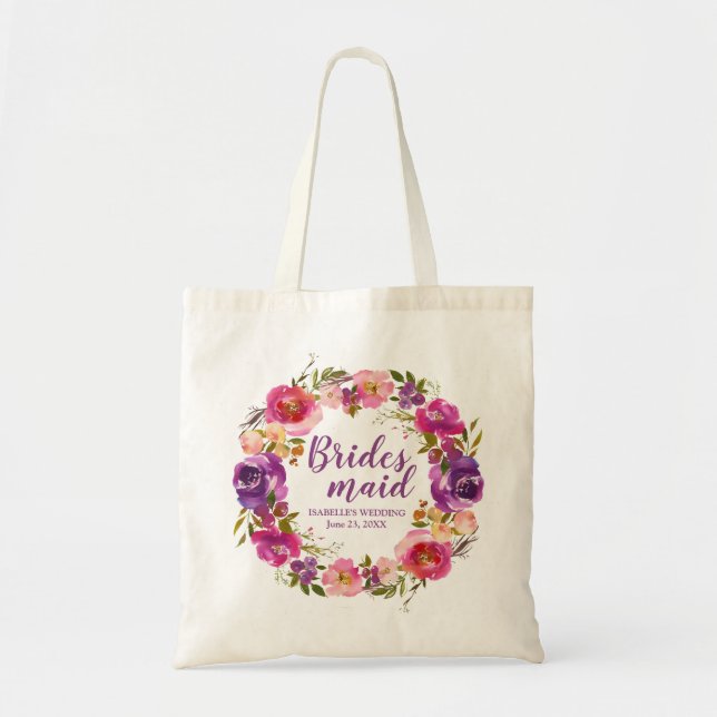 Lila Blommigt Personlig Bridesmaid Totebag Tygkasse (Framsidan)