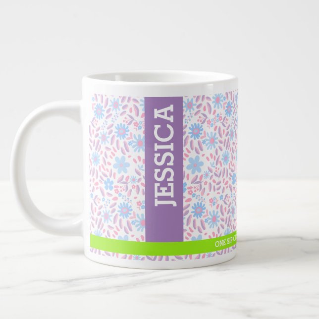 Lila Blommigt Personlig Namn och Monogram Jumbo Mugg (Vänster)