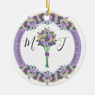 Lila Blommigt Photo Bröllop spara datum Monogram Julgransprydnad Keramik
