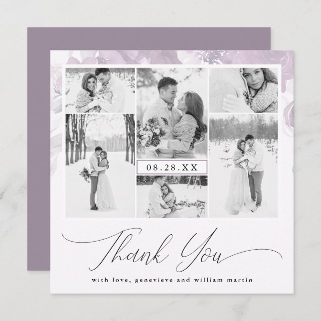 Lila Blommigt Photo Collage Bröllop Tack Inbjudningar (Fram/baksida)