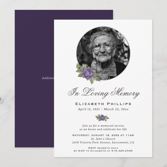 Lila Blommigt Photo Memorial Service Inbjudningar (Fram/baksida)