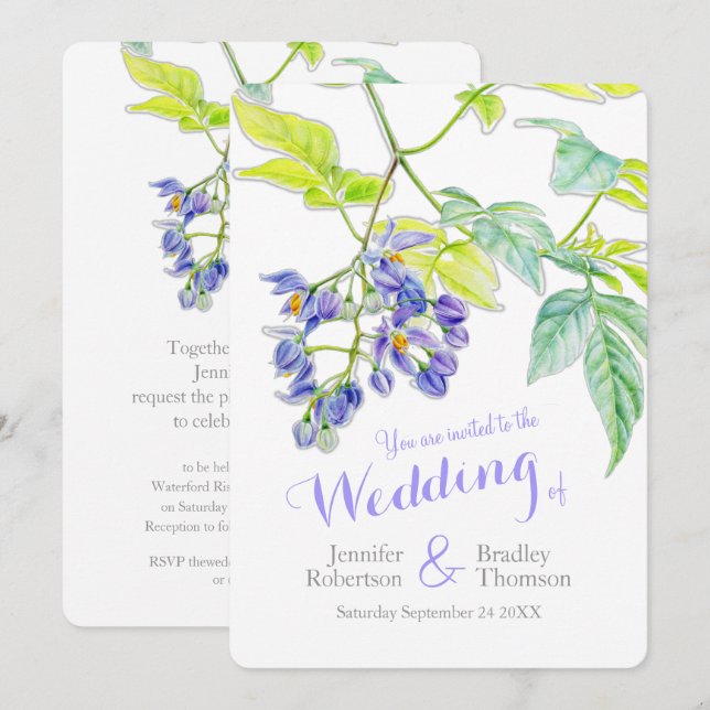 Lila blommigt potatisstärkelse vattenfärg bröllop inbjudningar (Fram/baksida)