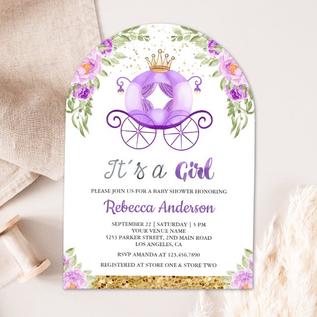 Lila Blommigt Princess Carriage Arch Baby Shower Inbjudningar (Skapare uppladdad)