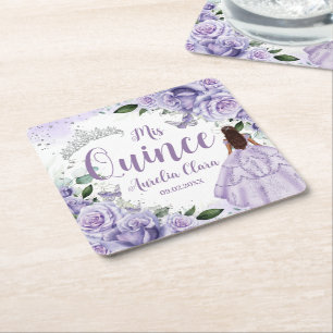 Lila Blommigt Princess Silver Quinceañera XV 16 Underlägg Papper Kvadrat