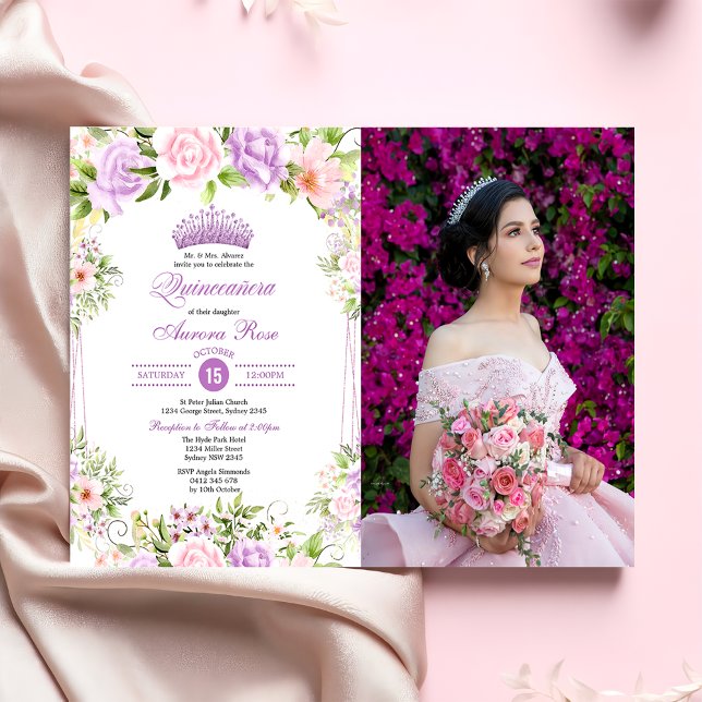 Lila Blommigt Quinceañera 15:e födelsedagsfoto Inbjudningar (Skapare uppladdad)
