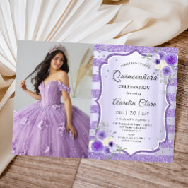 Lila Blommigt Quinceanera Birthday Photo Inbjudningar