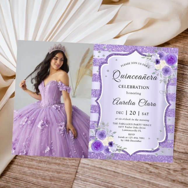 Lila Blommigt Quinceanera Birthday Photo Inbjudningar (Skapare uppladdad)