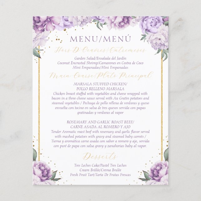 Lila Blommigt Quinceañera Budget Friendly Menu (Framsida)
