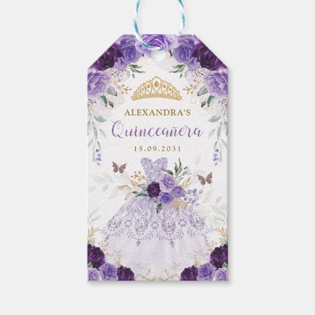 Lila Blommigt Quinceanera Dress Princess Krona Presentetikett (Framsidan)