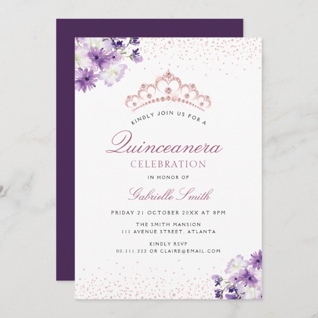 lila blommigt Quinceanera-inbjudan Inbjudningar (Fram/baksida)