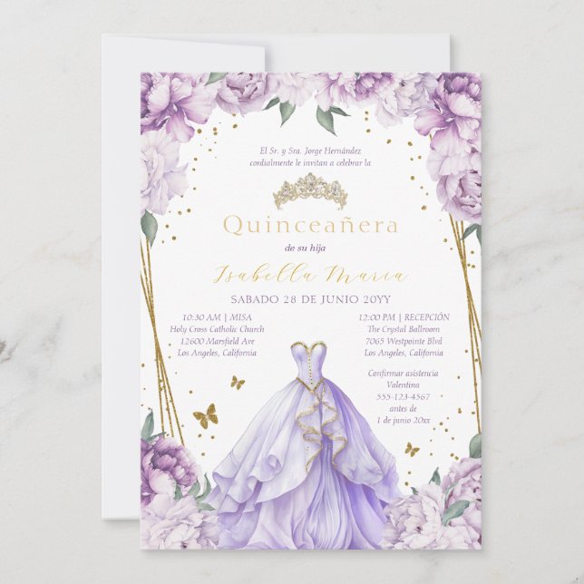 Lila Blommigt Quinceañera-inbjudan på spanska Inbjudningar (Framsida)